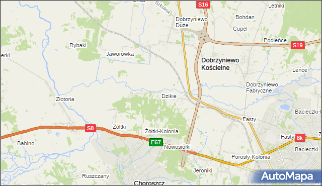mapa Dzikie gmina Choroszcz, Dzikie gmina Choroszcz na mapie Targeo