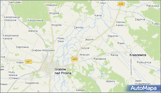 mapa Giżyce gmina Grabów nad Prosną, Giżyce gmina Grabów nad Prosną na mapie Targeo