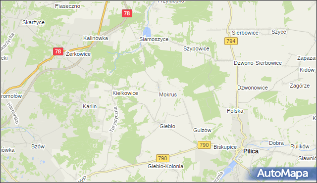 mapa Mokrus gmina Ogrodzieniec, Mokrus gmina Ogrodzieniec na mapie Targeo