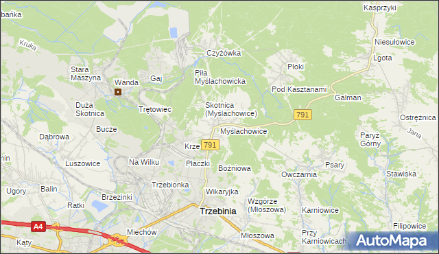 mapa Myślachowice, Myślachowice na mapie Targeo