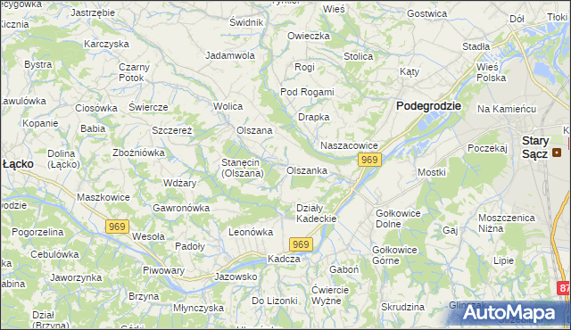 mapa Olszanka gmina Podegrodzie, Olszanka gmina Podegrodzie na mapie Targeo