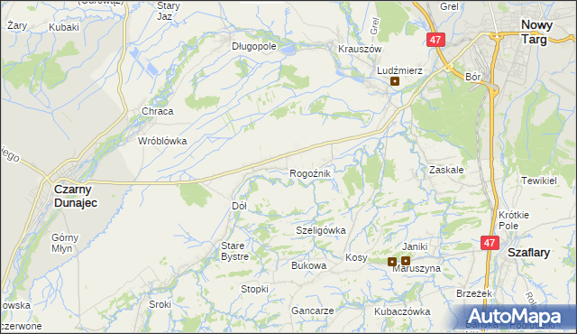 mapa Rogoźnik gmina Nowy Targ, Rogoźnik gmina Nowy Targ na mapie Targeo