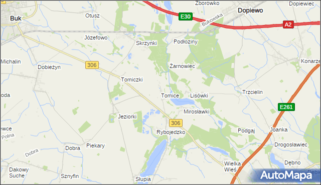 mapa Tomice gmina Stęszew, Tomice gmina Stęszew na mapie Targeo