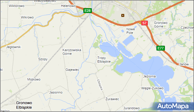 mapa Tropy Elbląskie, Tropy Elbląskie na mapie Targeo