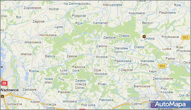 mapa Wysoka gmina Wadowice, Wysoka gmina Wadowice na mapie Targeo