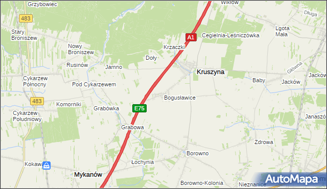 mapa Bogusławice gmina Kruszyna, Bogusławice gmina Kruszyna na mapie Targeo