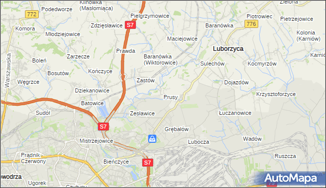 mapa Prusy gmina Kocmyrzów-Luborzyca, Prusy gmina Kocmyrzów-Luborzyca na mapie Targeo