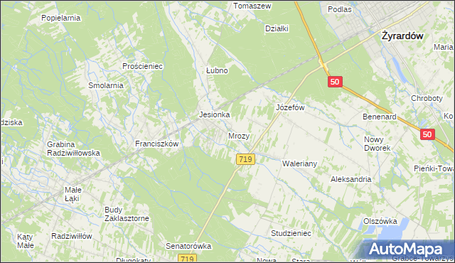 mapa Mrozy gmina Puszcza Mariańska, Mrozy gmina Puszcza Mariańska na mapie Targeo