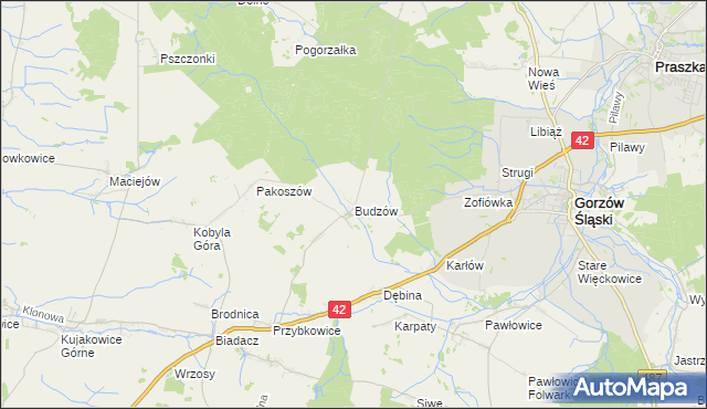 mapa Budzów gmina Gorzów Śląski, Budzów gmina Gorzów Śląski na mapie Targeo