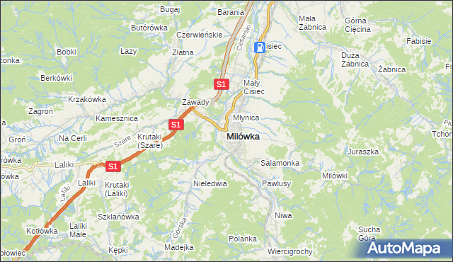 mapa Milówka powiat żywiecki, Milówka powiat żywiecki na mapie Targeo