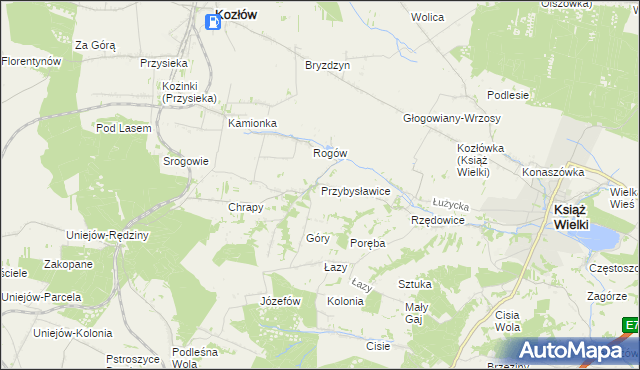 mapa Przybysławice gmina Kozłów, Przybysławice gmina Kozłów na mapie Targeo