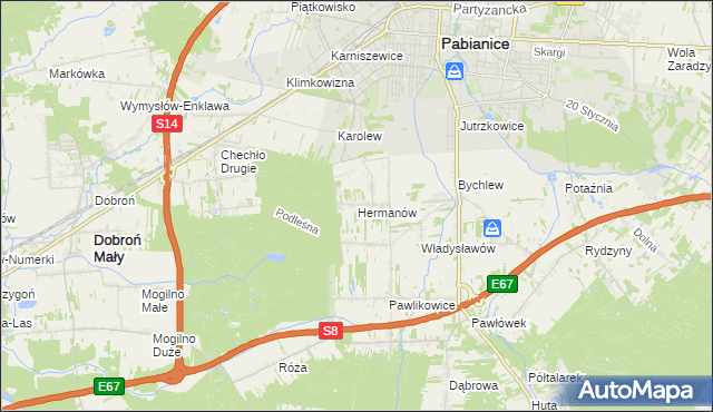 mapa Hermanów gmina Pabianice, Hermanów gmina Pabianice na mapie Targeo