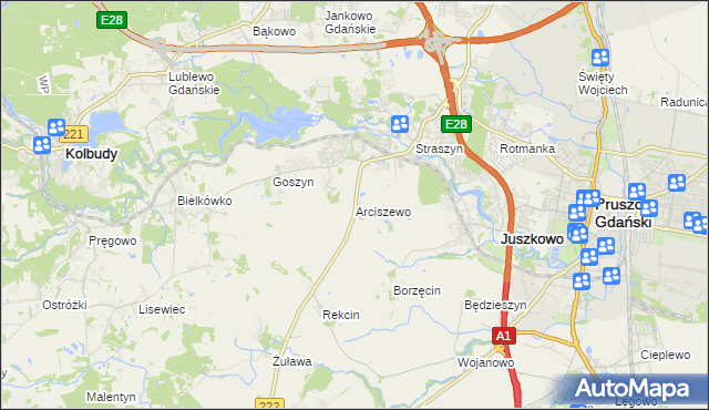 mapa Arciszewo gmina Pruszcz Gdański, Arciszewo gmina Pruszcz Gdański na mapie Targeo