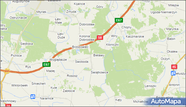 mapa Bielawy gmina Lututów, Bielawy gmina Lututów na mapie Targeo