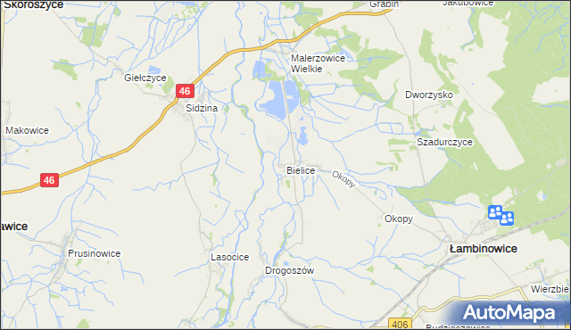 mapa Bielice gmina Łambinowice, Bielice gmina Łambinowice na mapie Targeo