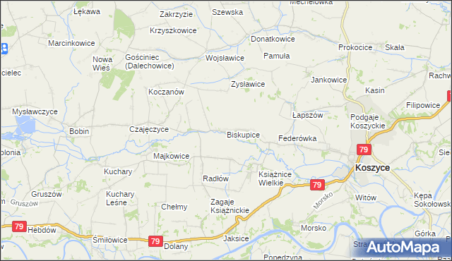 mapa Biskupice gmina Koszyce, Biskupice gmina Koszyce na mapie Targeo