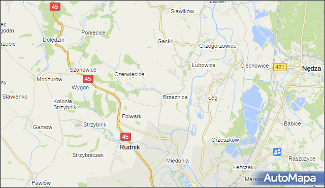 mapa Brzeźnica gmina Rudnik, Brzeźnica gmina Rudnik na mapie Targeo
