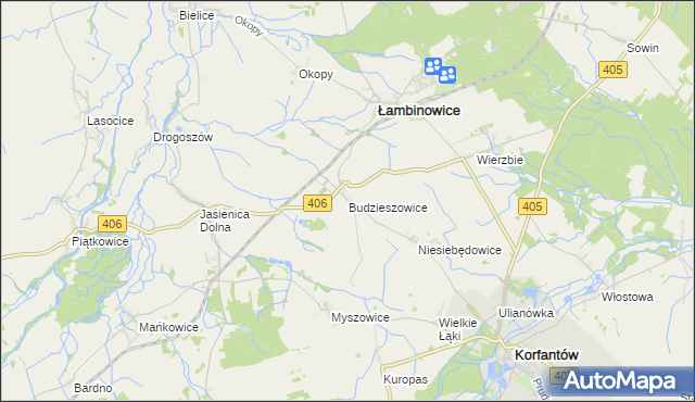 mapa Budzieszowice gmina Łambinowice, Budzieszowice gmina Łambinowice na mapie Targeo