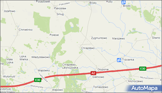 mapa Chraplewo gmina Kuślin, Chraplewo gmina Kuślin na mapie Targeo