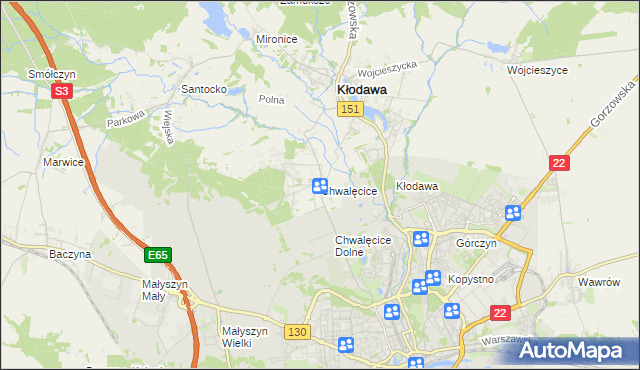 mapa Chwalęcice gmina Kłodawa, Chwalęcice gmina Kłodawa na mapie Targeo