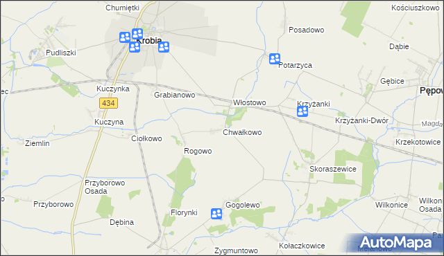 mapa Chwałkowo gmina Krobia, Chwałkowo gmina Krobia na mapie Targeo