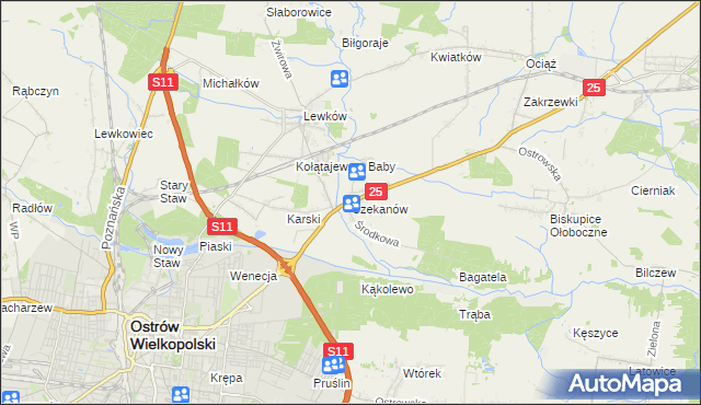 mapa Czekanów gmina Ostrów Wielkopolski, Czekanów gmina Ostrów Wielkopolski na mapie Targeo