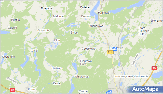 mapa Częstkowo gmina Kościerzyna, Częstkowo gmina Kościerzyna na mapie Targeo