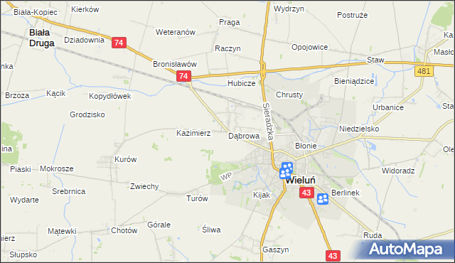 mapa Dąbrowa gmina Wieluń, Dąbrowa gmina Wieluń na mapie Targeo