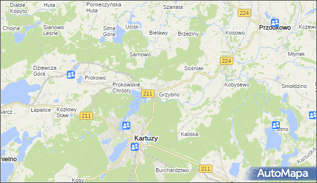 mapa Grzybno gmina Kartuzy, Grzybno gmina Kartuzy na mapie Targeo