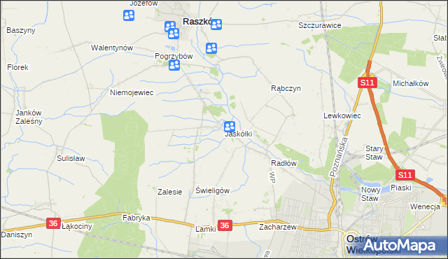 mapa Jaskółki gmina Raszków, Jaskółki gmina Raszków na mapie Targeo