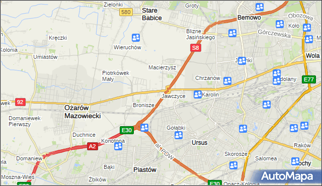 mapa Jawczyce gmina Ożarów Mazowiecki, Jawczyce gmina Ożarów Mazowiecki na mapie Targeo