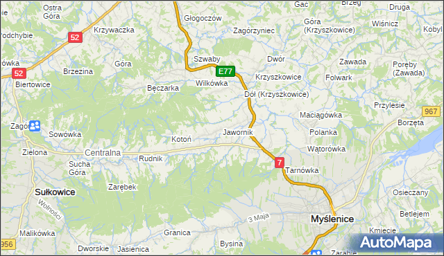 mapa Jawornik gmina Myślenice, Jawornik gmina Myślenice na mapie Targeo