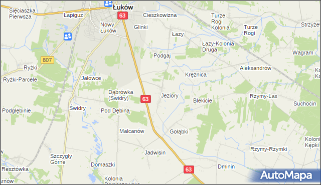 mapa Jeziory gmina Łuków, Jeziory gmina Łuków na mapie Targeo