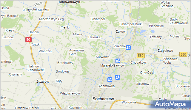 mapa Karwowo gmina Sochaczew, Karwowo gmina Sochaczew na mapie Targeo