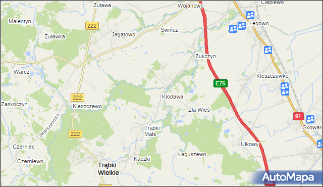 mapa Kłodawa gmina Trąbki Wielkie, Kłodawa gmina Trąbki Wielkie na mapie Targeo