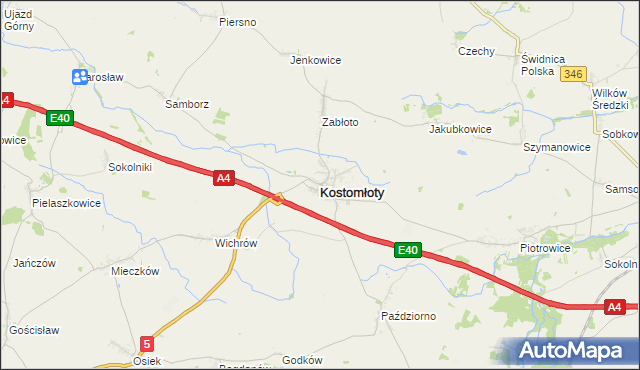 mapa Kostomłoty powiat średzki, Kostomłoty powiat średzki na mapie Targeo