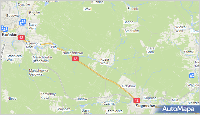 mapa Kozia Wola gmina Stąporków, Kozia Wola gmina Stąporków na mapie Targeo