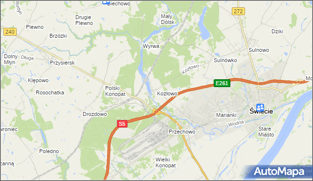 mapa Kozłowo gmina Świecie, Kozłowo gmina Świecie na mapie Targeo