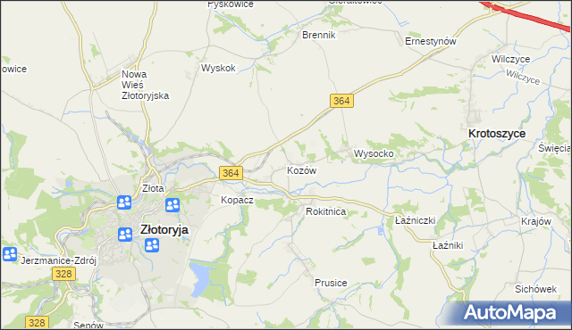 mapa Kozów gmina Złotoryja, Kozów gmina Złotoryja na mapie Targeo