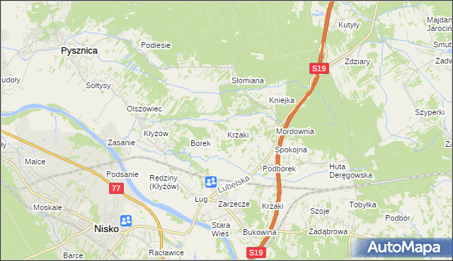 mapa Krzaki gmina Pysznica, Krzaki gmina Pysznica na mapie Targeo