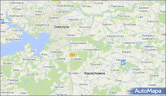 mapa Krzyworzeka gmina Raciechowice, Krzyworzeka gmina Raciechowice na mapie Targeo
