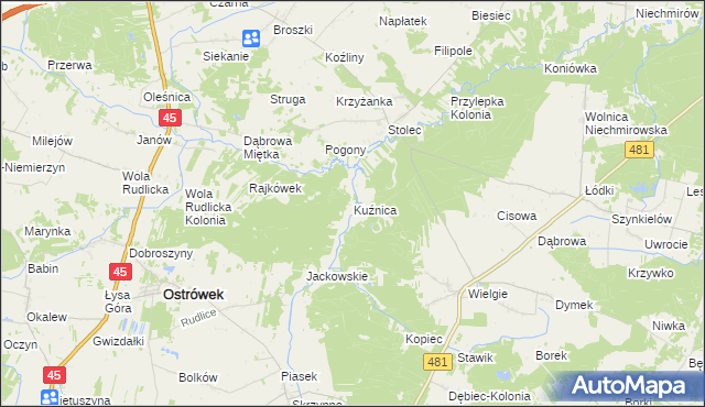 mapa Kuźnica gmina Ostrówek, Kuźnica gmina Ostrówek na mapie Targeo