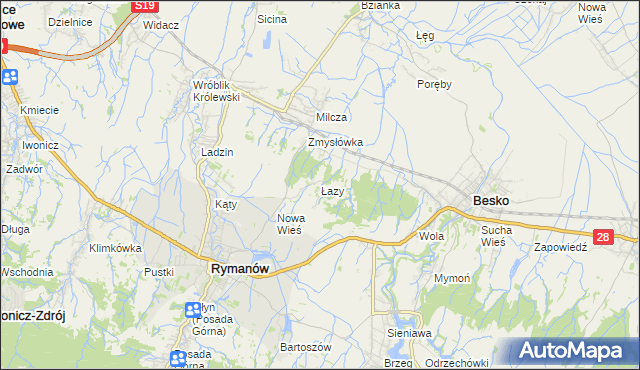 mapa Łazy gmina Rymanów, Łazy gmina Rymanów na mapie Targeo