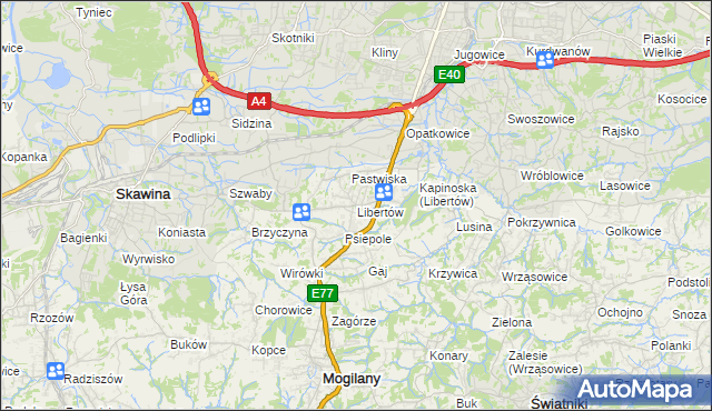 mapa Libertów gmina Mogilany, Libertów gmina Mogilany na mapie Targeo