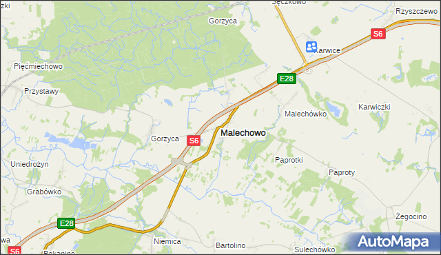 mapa Malechowo powiat sławieński, Malechowo powiat sławieński na mapie Targeo