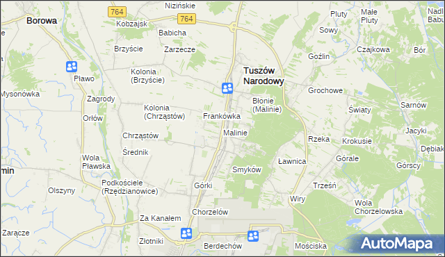 mapa Malinie gmina Tuszów Narodowy, Malinie gmina Tuszów Narodowy na mapie Targeo