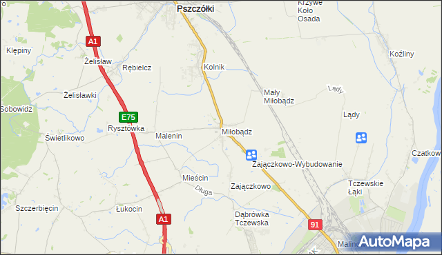 mapa Miłobądz gmina Tczew, Miłobądz gmina Tczew na mapie Targeo