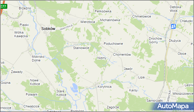 mapa Niziny gmina Sobków, Niziny gmina Sobków na mapie Targeo