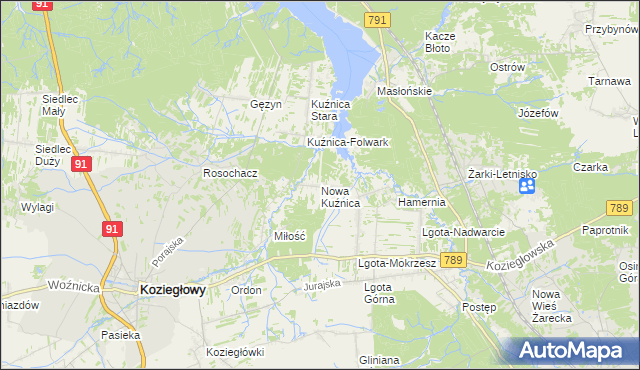 mapa Nowa Kuźnica gmina Koziegłowy, Nowa Kuźnica gmina Koziegłowy na mapie Targeo