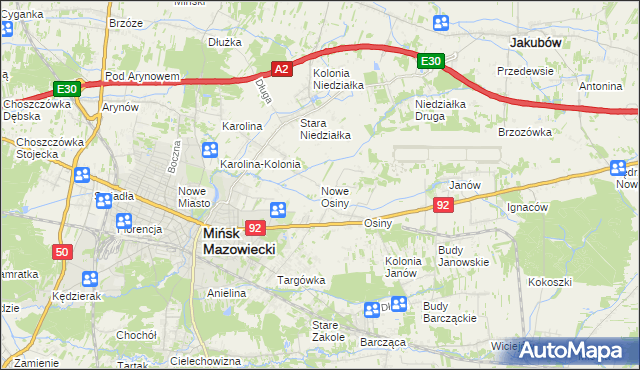 mapa Nowe Osiny, Nowe Osiny na mapie Targeo